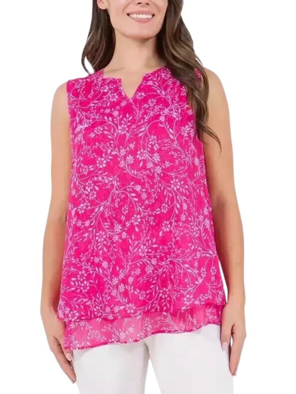 NWT🌺Cristina B•Pink Floral Double Layered Sleeveless Top